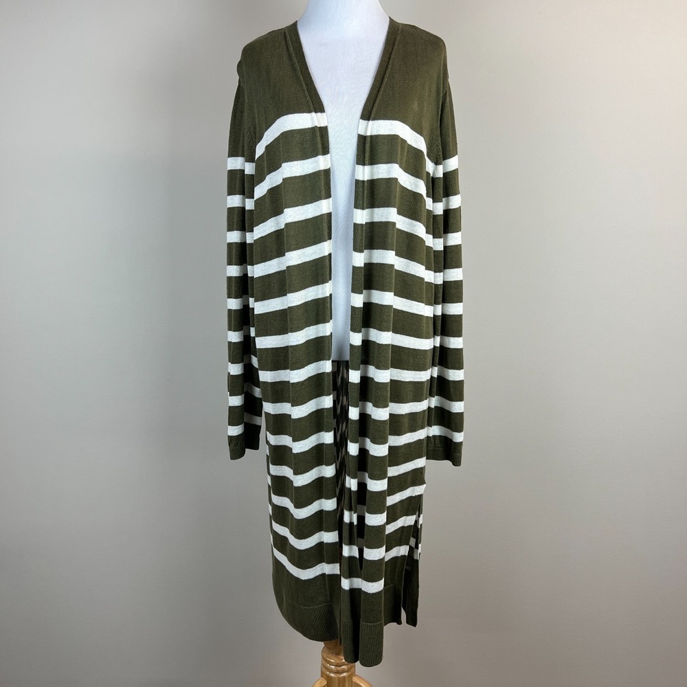 Talbots Duster Cardigan Womens XL Green Striped 100% Linen Lightweight Longline